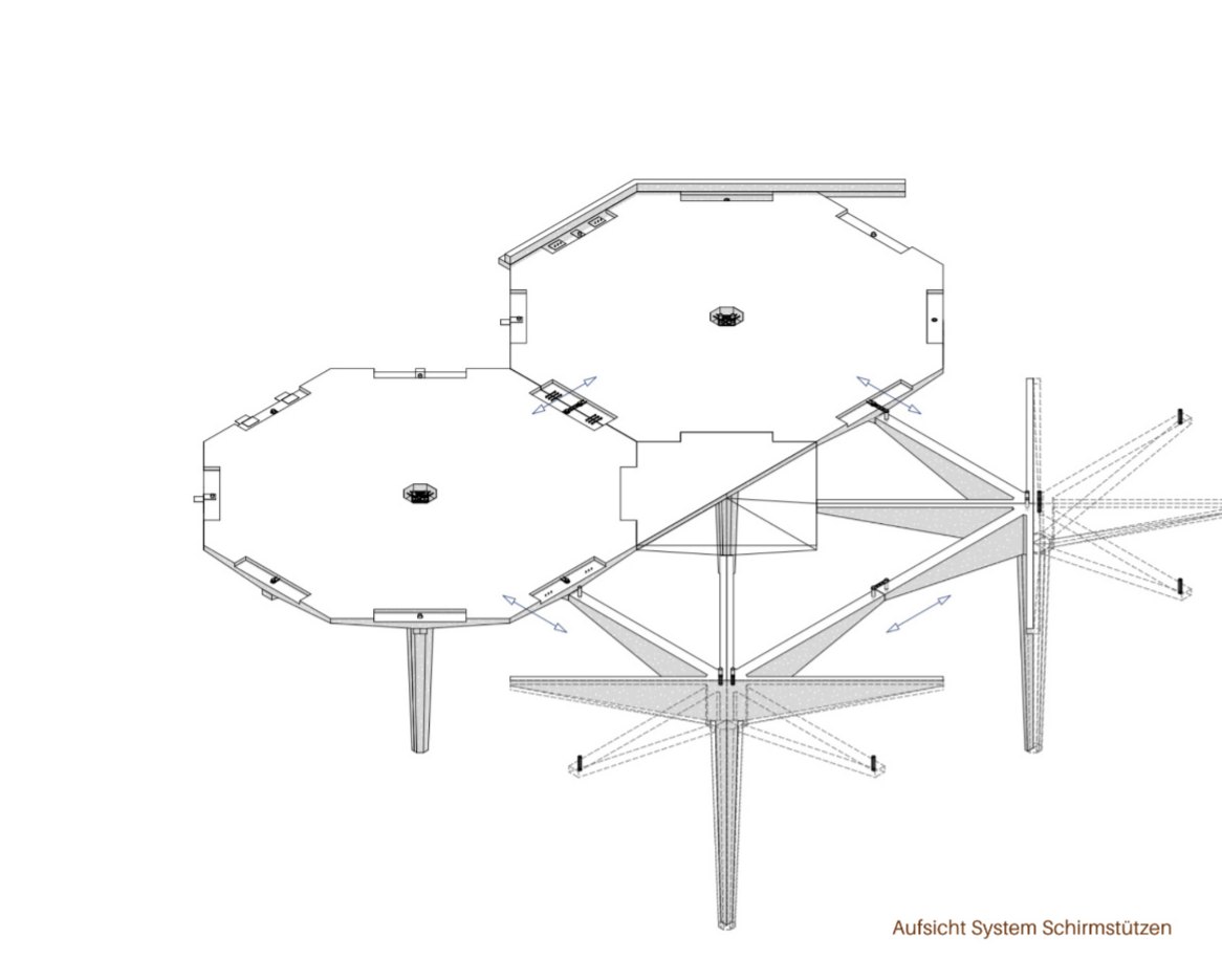Axonometric of the Schirmstützen: single precast umbrella columns, each a three-hinged arch splaying into a thin shell canopy on one slender support