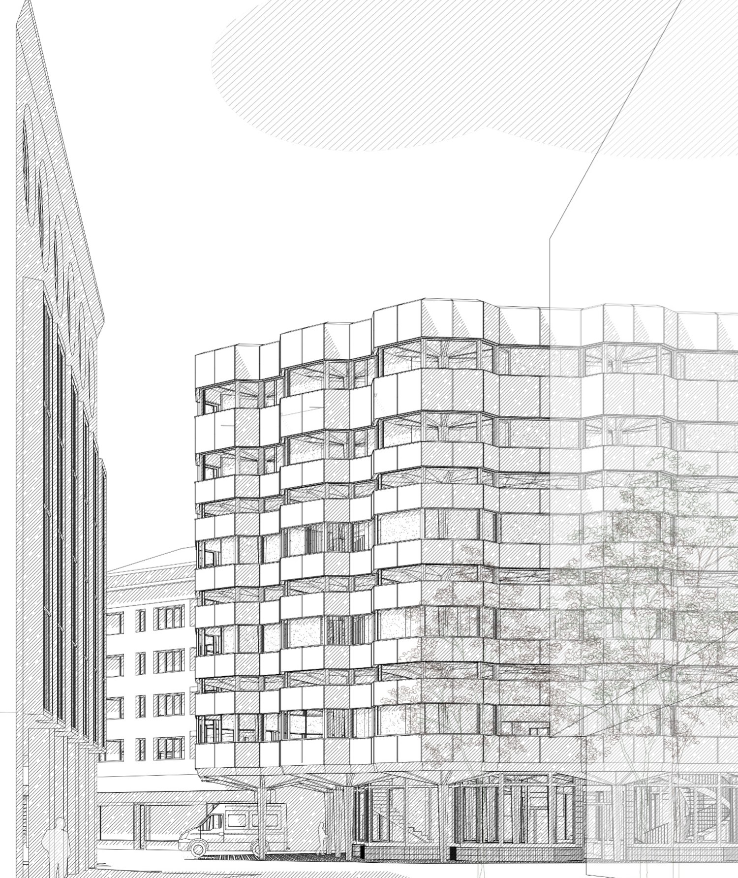 Line-drawn perspective looking toward the Piazza Grande in Locarno: the Campus Culinario hall, a field of slender precast umbrella columns splaying into thin shell canopies over a continuous teaching kitchen