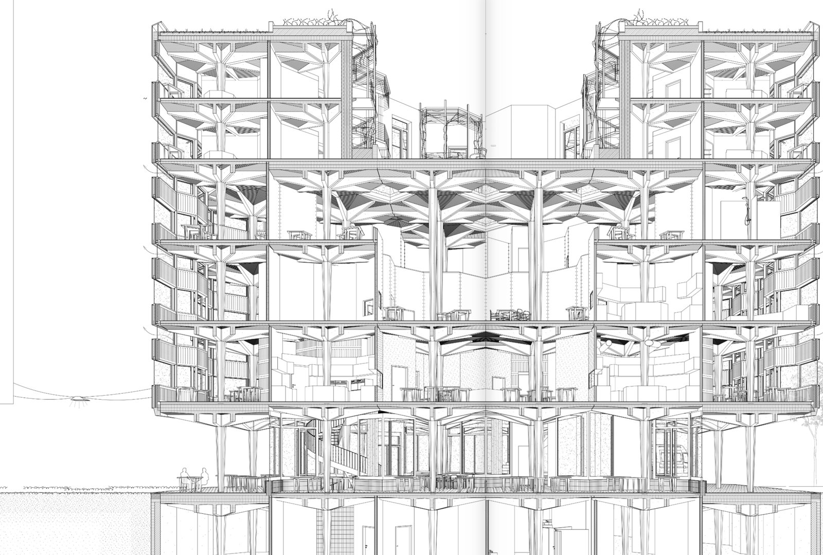 Long architectural section through the Campus Culinario umbrella-column halls, the three-hinged arches and shell canopies drawn over the section of the teaching kitchens below