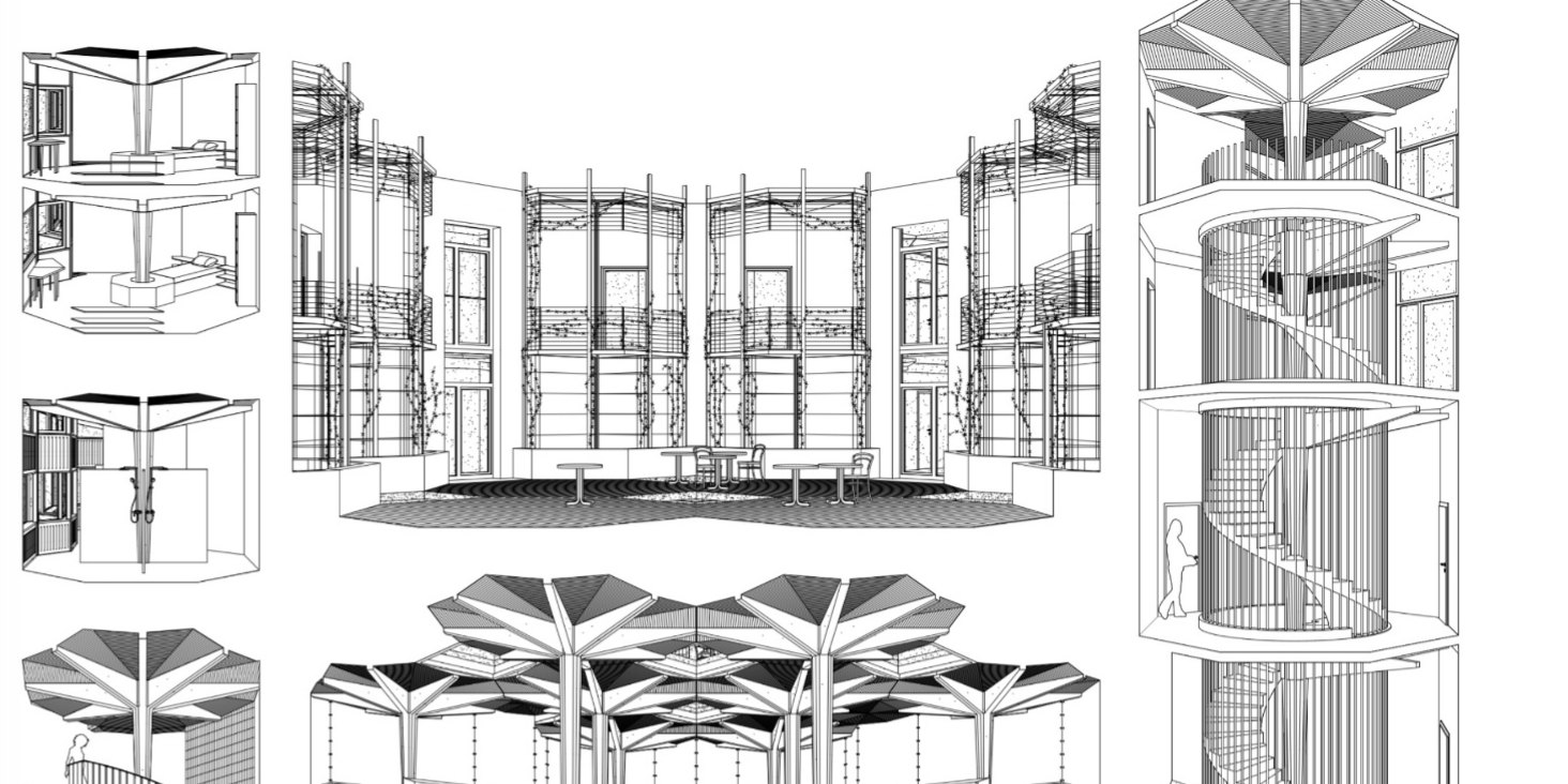 Storyboard of interior views: kitchens and communal cooking spaces framed by the repeating structure of the umbrella columns