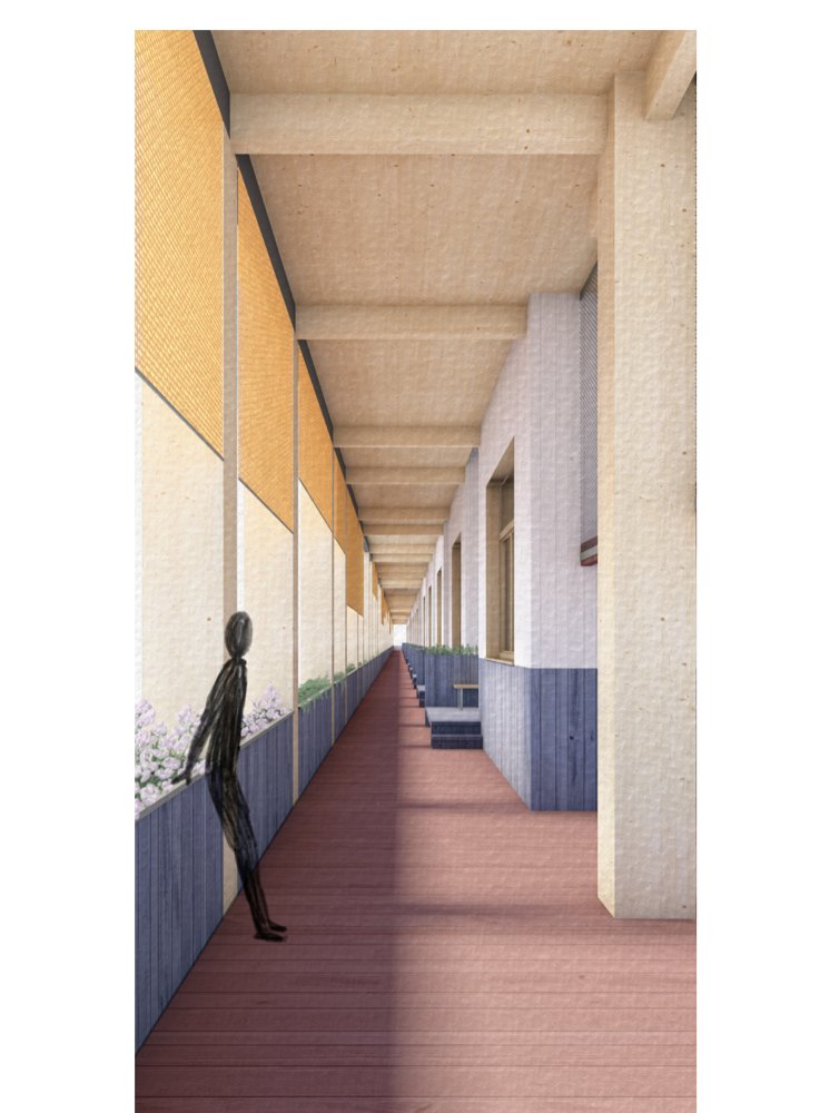 View along the Laubengang: the shared arcade giving access to a row of small dwellings in Bern, a graded threshold from the public street to each private home
