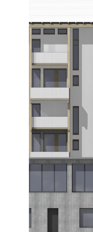 Street-facade study of the Kleinwohnungen row in Bern, the shared arcade and repeating units reading along the street