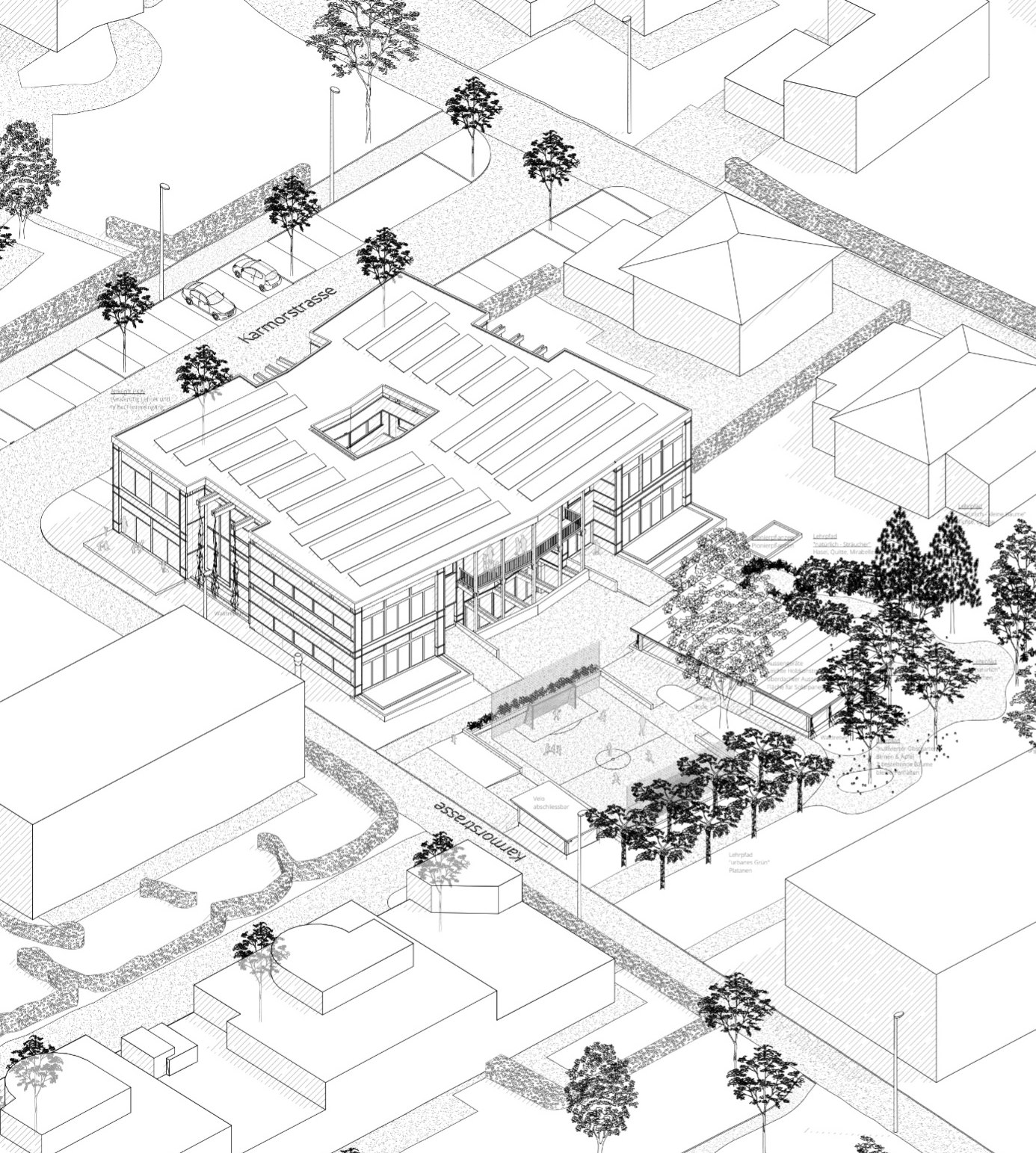 Site axonometric of the Schulhaus Brüggli extension: classrooms, shared rooms and sheltered ways woven as small interventions into the 1970s Romanshorn estate around its communal square