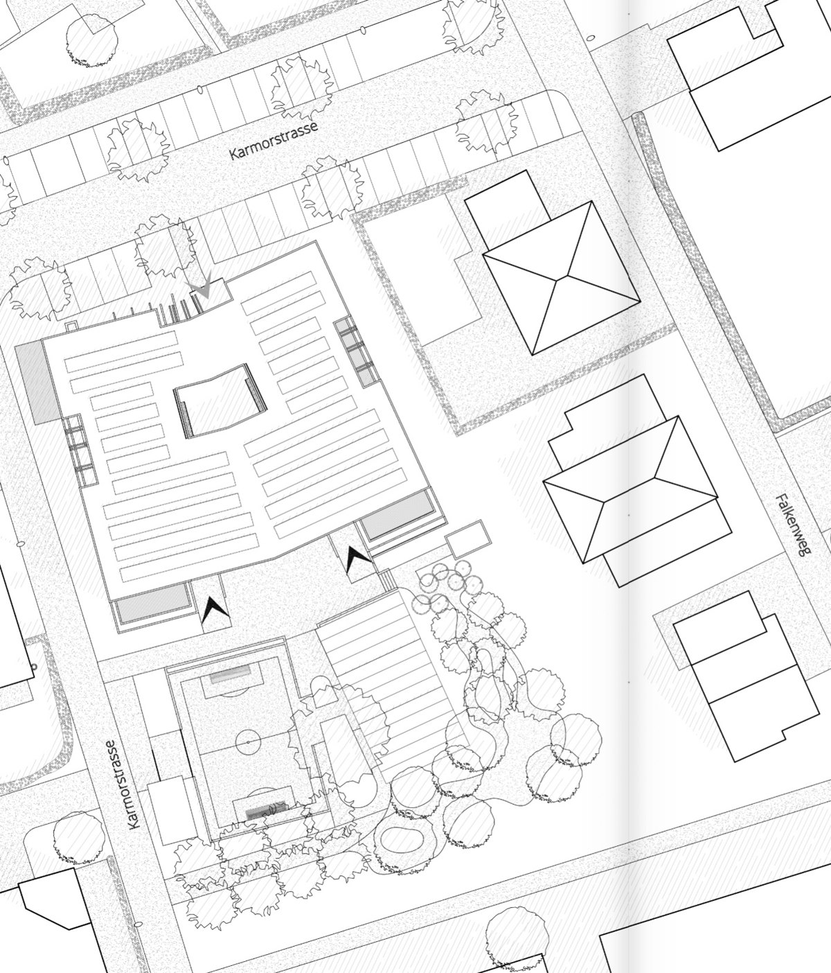 Site and ground-floor plan of the Schulhaus Brüggli extension, the new classrooms and sheltered ways set into the communal grounds