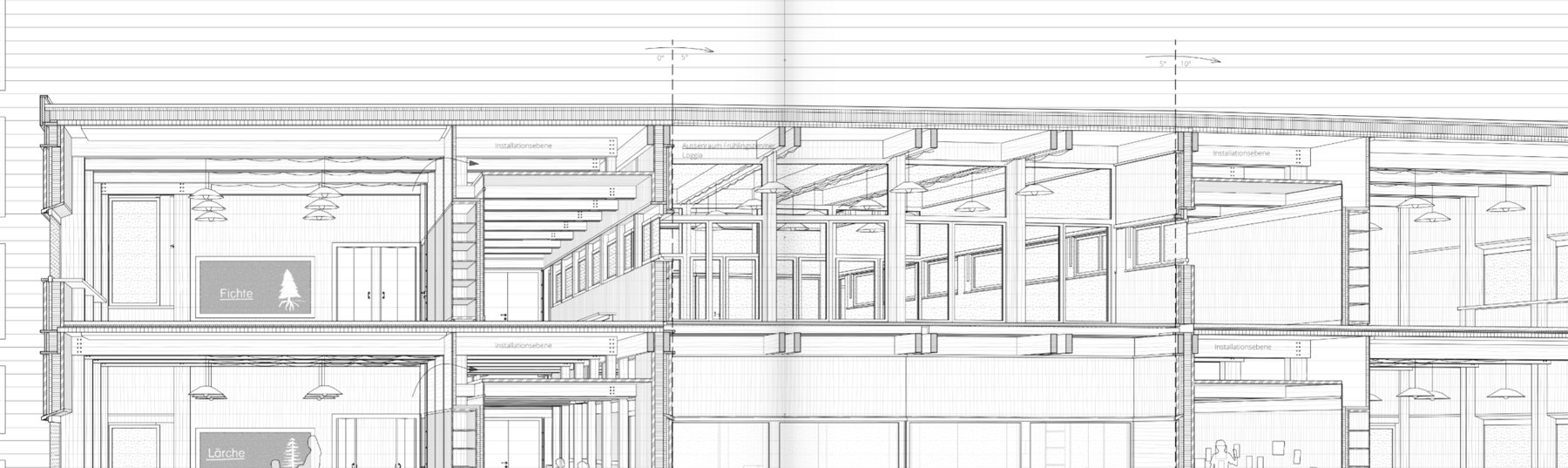 Long section through the Schulhaus Brüggli settlement, the new low interventions read against the existing estate